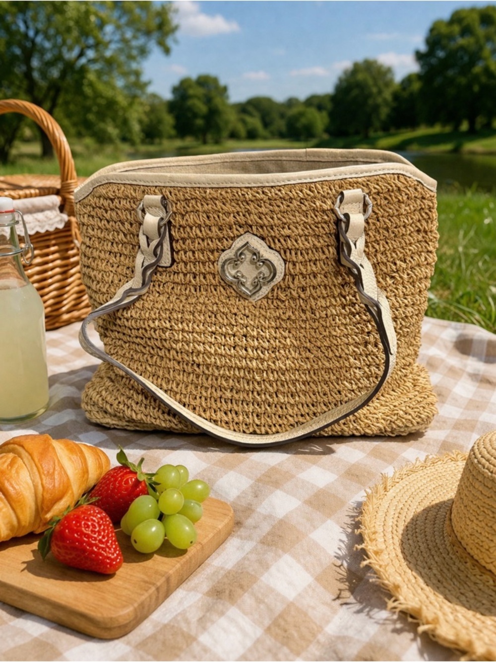 Brighton Natural raffia Tote with Cream leather Accents